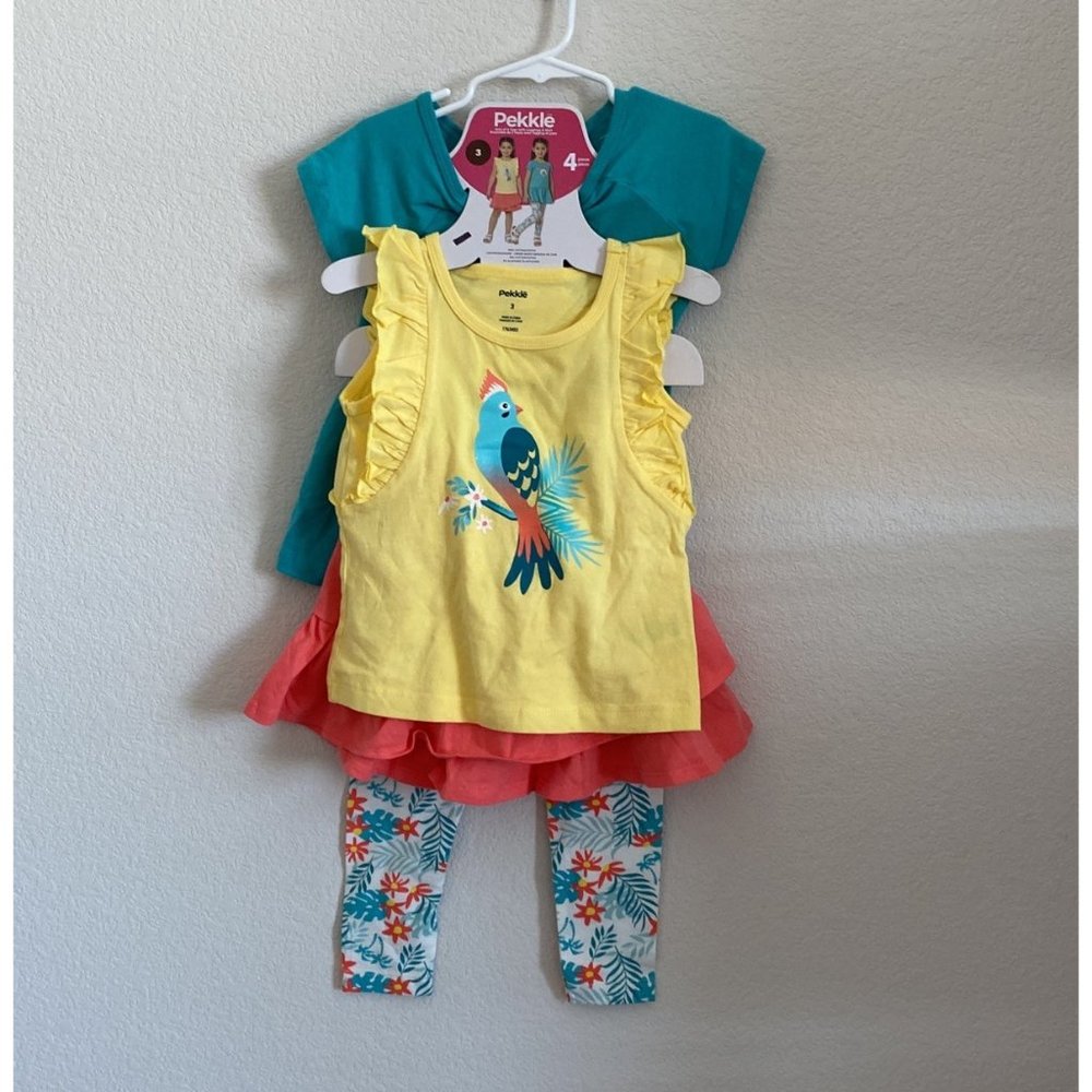 New Pekkle Toddler Girls 4Pc Outfit Set Size 3T Tropical Birds Rainbow Flowers